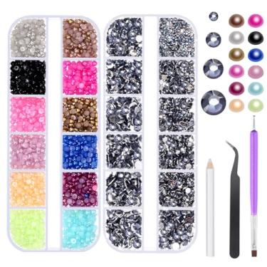 Imagem de Swpeet 4403 peças 2 mm, 3 mm, 4 mm, 5 mm, tinta azul, strass de cristal plano e 12 cores, kit sortido de pérolas com semicírculo de 3 mm, incluindo caneta de pontilhamento de pinças, lápis apanhador