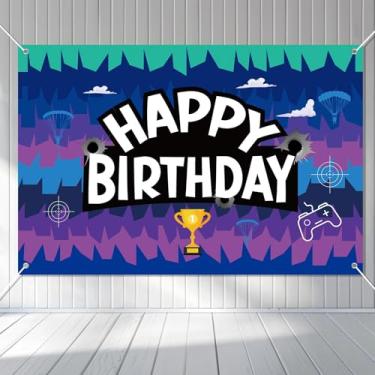 Imagem de Cenário de Aniversário para Jogos, 150x100 cm Poliéster Lavável Faixa de Feliz Aniversário Jogos Troféu Campeonato Controle Jogo Adereços para Fotos Meninos Decoração Parede