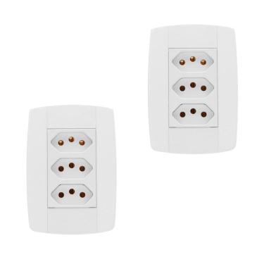 Imagem de Kit 2 Conjunto 3 Tomadas Branca Monobloco 2P+T 10A 250V 4X2