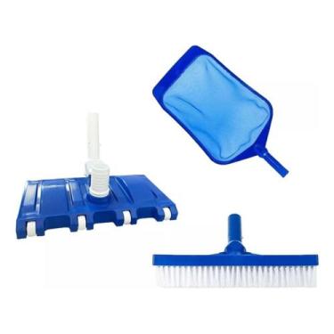 Imagem de Kit Limpeza Piscina Peneira + Escova + Aspirador 8 Rodas - brustec