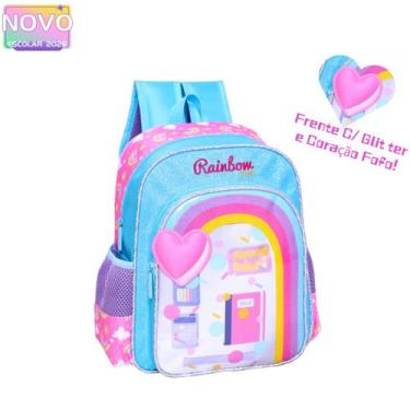 Imagem de Mochila De Costas Com Glitter e Coração Fofo Arco-íris Infantil Escola