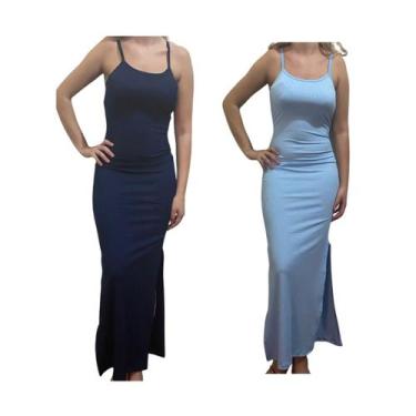 Imagem de Kit c/2 Vestidos Longo Canelado com Fenda - Empório J, Marinho, Azul b