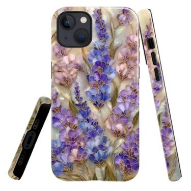 Imagem de heindiy Compatível com iPhone 15 Plus, capa brilhante, proteção total, à prova de choque, anti-arranhões, capa de TPU, capas para homem mulher - lavanda flor flor vitral