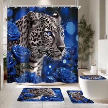 Imagem de LIGHTINHOME 4 peças de cortina de chuveiro rosa azul e leopardo, animal africano, flor, selva tropical, vida selvagem, 182 cm L x 182 cm A, conjunto de tapetes de banheiro antiderrapantes acessórios