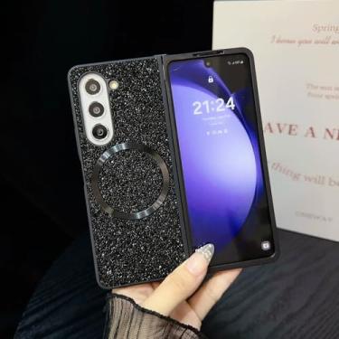 Imagem de Capa para Galaxy Z Fold6 com diamante brilhante e toque de pele brilhante em TPU com bordas macias e magnéticas (para Galaxy Z Fold6/preto)