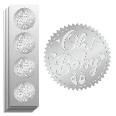 Imagem de Peacoblue Selo adesivo de folha de prata em relevo oh Baby 5 cm 100 peças para decoração de cartão de presente de Natal, selos de envelope, convite de festa de família, adesivos em relevo prateados