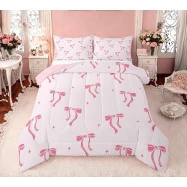 Imagem de Erosebridal Jogo de cama com laço rosa e laço rosa, edredom fofo com laço, edredom de plumas, nó de laço para meninas, adorável conjunto de cama kawaii, decoração de quarto