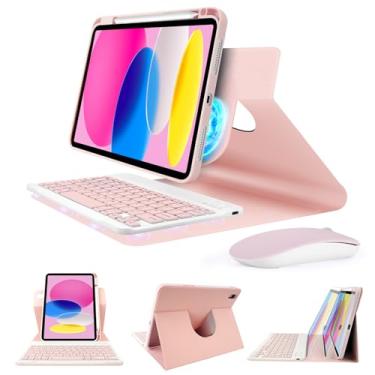 Imagem de SOPPY Capa com teclado para iPad 10ª geração de 10 polegadas 2022 com mouse, capa de teclado sem fio removível magneticamente com suporte para lápis, capa de teclado giratória para iPad 10ª geração
