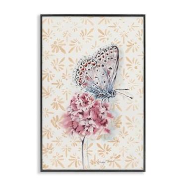Imagem de Stupell Industries Borboleta e flor sobre padrão branco emoldurado, arte giclée, design por Cady Driver, 76 x 50 cm