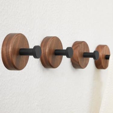 Imagem de FunViet Ganchos de toalha de madeira ganchos de parede adesivos resistentes (pegajosos e aparafusados), 4 peças de ganchos de madeira de nogueira preta premium, ganchos decorativos modernos pequenos para pendurar roupas, chaves, chapéus, esponjas..