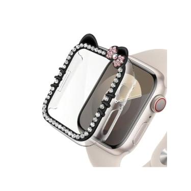 Imagem de Capa de desenho animado com laço de gato para Apple Watch SE/séries 10/9/8/7/6/5/4 44 mm 45 mm com protetor de tela de vidro temperado, capa protetora completa diamante cristal (preto, 45 mm)