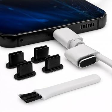 Imagem de PortPlugs Plugues de poeira USB C – Protetores de alumínio para iPhone 16/15, Samsung Galaxy S25/S24/S20, Note, A15, Pixel & Tipo-C Androids – Inclui suportes de cabo e escova de limpeza | Preto