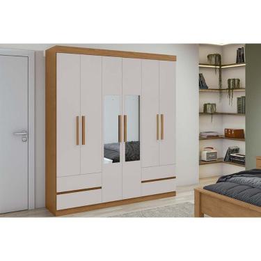 Imagem de Guarda Roupa Solteiro 6 Portas 2 Com Espelho E 4 Gavetaszeus Amêndoa/off White Lopas