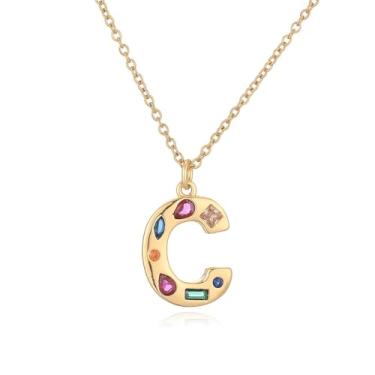 Imagem de LuvQaze Colar de zircônia colorida com inicial para mulheres, banhado a ouro 18 quilates, colar com pingente de letra e presente de aniversário para namorada, esposa, mãe, filha, Small, Cobre, Sem