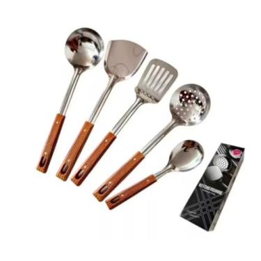 Imagem de Conjunto de utensílios de cozinha de 5 peças, aço inoxidável com alças de madeira, espátula, concha, colher de escumadeira