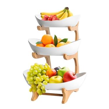 Imagem de Cesto de Frutas 3 Andares Tigela Cerâmica com Suporte Madeira Bambu Fácil Instalar Serviço Prato Petiscos Sobremesas Bolo Rack para Cozinha Festa Casamento Buffet