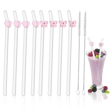 Imagem de 8 Pçs Canudos de vidro com pingentes, 24 cm de lindos canudos de vidro decorados com laços e corações. Vem com duas escovas de limpeza.