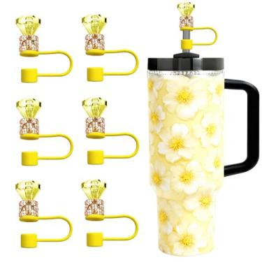 Imagem de JIASHEBDE Conjunto de topo de palha de diamante para Stanley Cup 850 g 1,134 g, tampas de strass brilhantes, capas de silicone reutilizáveis à prova de poeira para presentes femininos (6 peças amarelo