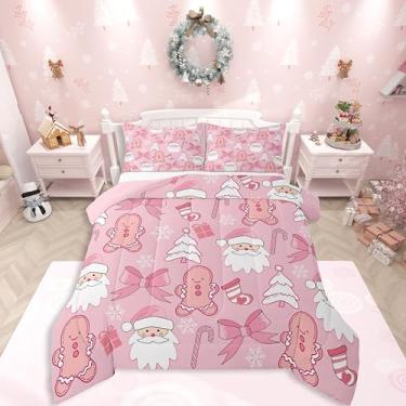 Imagem de Feelyou Conjunto de cama de Natal rosa macio para meninos e meninas, conjunto de edredom de Papai Noel, tamanho casal, edredom masculino de gengibre, laço de microfibra, bengala doce, decoração de