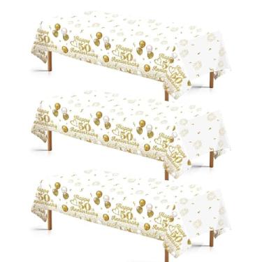 Imagem de Greencian 3 peças toalha de mesa dourada 50º aniversário de casamento toalha de mesa de plástico retangular branco balão dourado toalha de mesa para homens e mulheres artigos de festa de casamento 137
