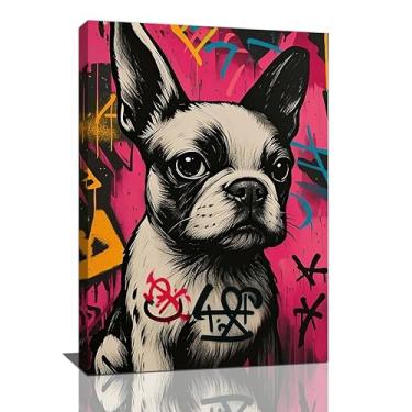Imagem de Banksy Bulldog arte de parede bonito cachorro grafite lona decoração de parede arte pop arte de rua quadros decoração emoldurada presentes para mulheres meninas banheiro quarto sala de estar