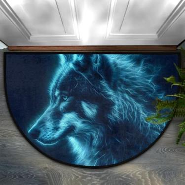 Imagem de Tapete de porta meio redondo, lobo, animal, azul, antiderrapante, absorvente, semicírculo, tapetes laváveis, para ambientes internos e externos, pátio, cozinha, banheiro, entrada, lareira, decoração