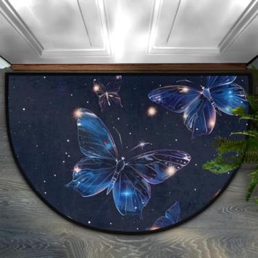 Imagem de Tapete de porta meio redondo, borboleta, psicodélico, azul, galáxia, antiderrapante, absorvente, semicírculo, tapetes laváveis, para ambientes internos e externos, cozinha, banheiro, entrada, lareira