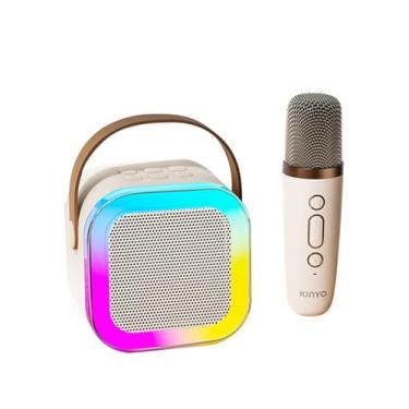 Imagem de Caixa de Som Portátil Mini Karaokê com Bluetooth, 2 Microfones, Subwoofer Potente, Efeitos de Voz, Console DJ Integrado, Iluminação RGB e Bateria Recarregável para Festas, Encontros Diversão Família