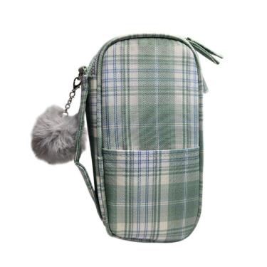 Imagem de Estojo Box Grande Escolar Xadrez Verde com Pompom Organizador Colorido Fofo Alça Aula Material