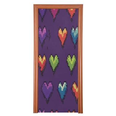 Imagem de Wassud Capa de porta corações pixelados arco-íris dia dos namorados decoração festival ao ar livre faixa de tecido elástico grande decoração de porta da frente 91.4 cm x 248.9 cm