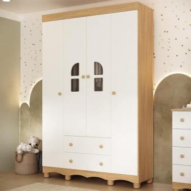 Imagem de Guarda-roupa Infantil 122cm com Vidro 4 Portas e 2 Gavetas Aurora Multimóveis Mp4498 Madeirado/branco
