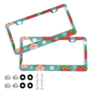 Imagem de CEBUGI Pacote com 2 molduras de placa de carro de alumínio capas de moldura de placa de carro com 2 furos vermelho morango acessórios automotivos para placas dianteiras e traseiras orifício elíptico