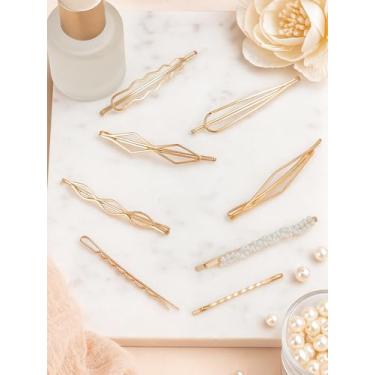 Imagem de 8 peças de grampos de cabelo de ferro, contas de pérolas de plástico dourado, acessórios de uso diário para meninas para várias ocasiões, como festas de casamento e uso diário, cerca de 7 x 1 cm