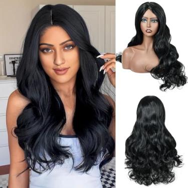 Imagem de Peruca preta longa ondulada encaracolada para mulheres, perucas de cabelo preto natural longo, cabelo sintético para mulheres, cabeça inteira, cosplay, festa, uso diário, 61 cm