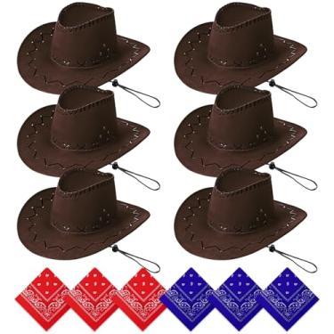 Imagem de M-Aimee Chapéu de cowboy ocidental com bandana, pacote com 6 chapéus de festa de caubói, bandanas, festa de Halloween, fantasia de caubói, festa de aniversário (marrom)
