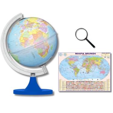 Imagem de GLOBO TERRESTRE POLÍTICO LUMINOSO BASE AZUL 21CM + MAPA MUNDI + LUPA