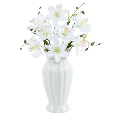 Imagem de DuHouse 6 peças de flores de lírio artificiais, lírios falsos, flores de seda para vaso de mesa, buquês de casamento, decoração de festa e casa (branca)
