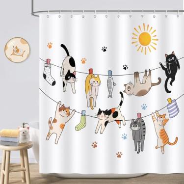 Imagem de COZZSNUGE Cortina de chuveiro de gato fofo, gatinho brincalhão no varal, impressão de garras, cortina de chuveiro infantil para banheiro, tecido de poliéster à prova d'água com 12 ganchos, 182 x 182