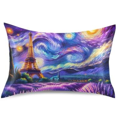 Imagem de Capa de almofada de cetim com flores de lavanda estrelada noite estrelada King Queen capa de travesseiro padrão linda capa de travesseiro refrescante para pele com acne, tamanho Queen, 76 cm x 50 cm