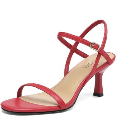 Imagem de SLXCHBSL Sandálias femininas de salto redondo, bico aberto, tiras ajustáveis, tira no tornozelo, sapatos sociais, salto gatinho para festa de casamento, Vermelho, 40
