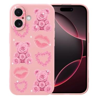 Imagem de MAYCARI Linda capa rosa beijo flor ursos para iPhone 16 Pro Max 6,9 polegadas, compatível com Magsafe, capa de borracha gel macio de silicone líquido de ajuste fino com forro de microfibra capa