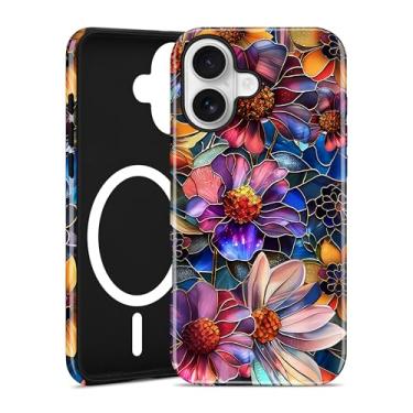 Imagem de Aitipy Capa de telefone magnética para iPhone 16, compatível com MagSafe, lindo vitral de flores de cores vivas, estética, TPU macio e policarbonato rígido, capa protetora à prova de choque para