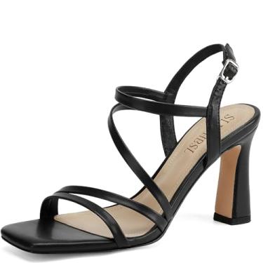 Imagem de SLXCHBSL Salto com tiras para mulheres elegantes sandálias de salto quadrado com tira no tornozelo salto alto grosso, Sandálias pretas, 9.5