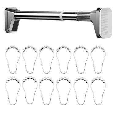 Imagem de BKMAMLAB Varão de cortina de chuveiro prata de 68 a 123 cm, haste telescópica de aço inoxidável com trava interna resistente, haste de tensão antiderrapante e antiferrugem de 3,5 cm de diâmetro, sem