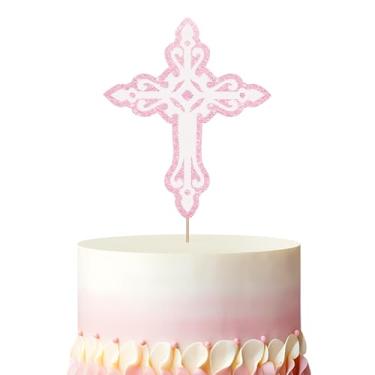 Imagem de Topo de bolo com cruz rosa, decoração de bolo God Bless, topo de bolo batizado com glitter rosa e branco para chá de bebê, decoração de festa de aniversário/aniversário com tema religioso