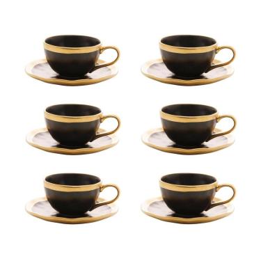 Imagem de Cj 6 Xícaras P/Café C/Pires de Porcelana Preto Fosco/Dourado Dubai 90ml Wolff