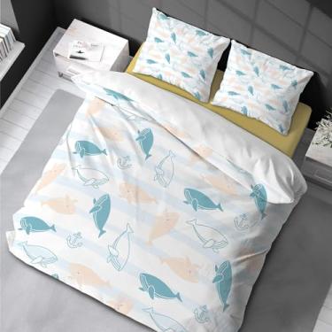 Imagem de Conjunto de capa de edredom de animais marinhos com estampa colorida decorativa de 3 peças, animais do oceano, para meninos e crianças, 200 x 200 cm - 50 x 75 cm x 2 cm