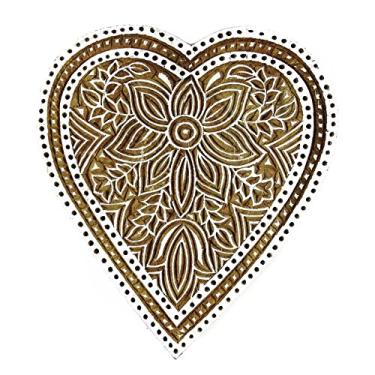 Imagem de Bloco de impressão floral em forma de coração gravado à mão, carimbos de cerâmica de madeira, impressão em bloco, Marrom, 5.5" L x 5" W Inches