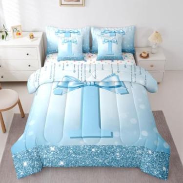 Imagem de Erosebridal Conjunto de cama casal de 7 peças alfabeto T com design de laço - Cama de laço azul fofo feminino em uma bolsa, moderno, moderno, moderno, moderno, moderno, com lençol com enchimento de