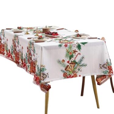 Imagem de Hamosky Toalha de mesa de Natal, quadrada de poliéster, toalha de mesa quadrada decorativa 140 x 140 cm, branca com design festivo de sino e pinheiro, capa de mesa de jantar de inverno